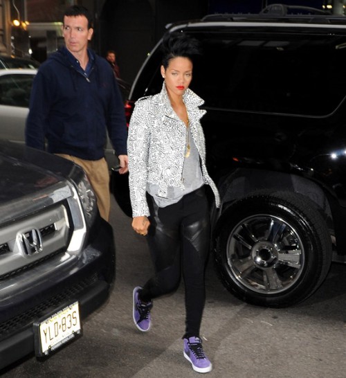 Rihanna Rockin Nike SB Blazer + Schott x Jeremy Scott Leather Jacket