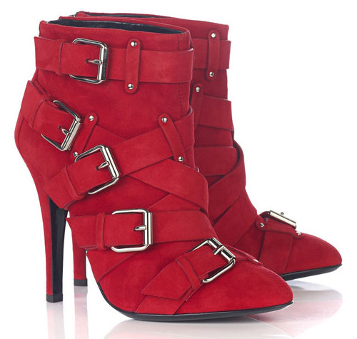 Balmain Red Suede Buckled Ankle Boots
