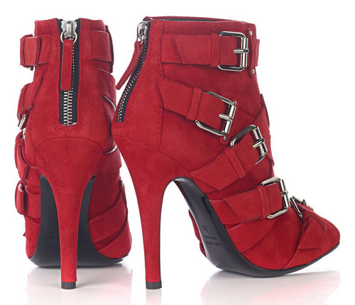 Balmain Red Suede Buckled Ankle Boots